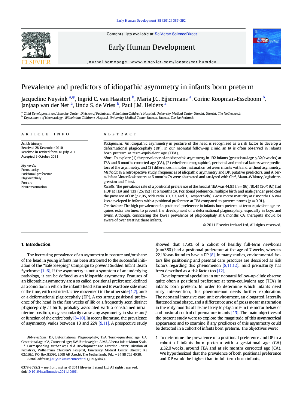 Prevalence and predictors of idiopathic asymmetry in infants born preterm