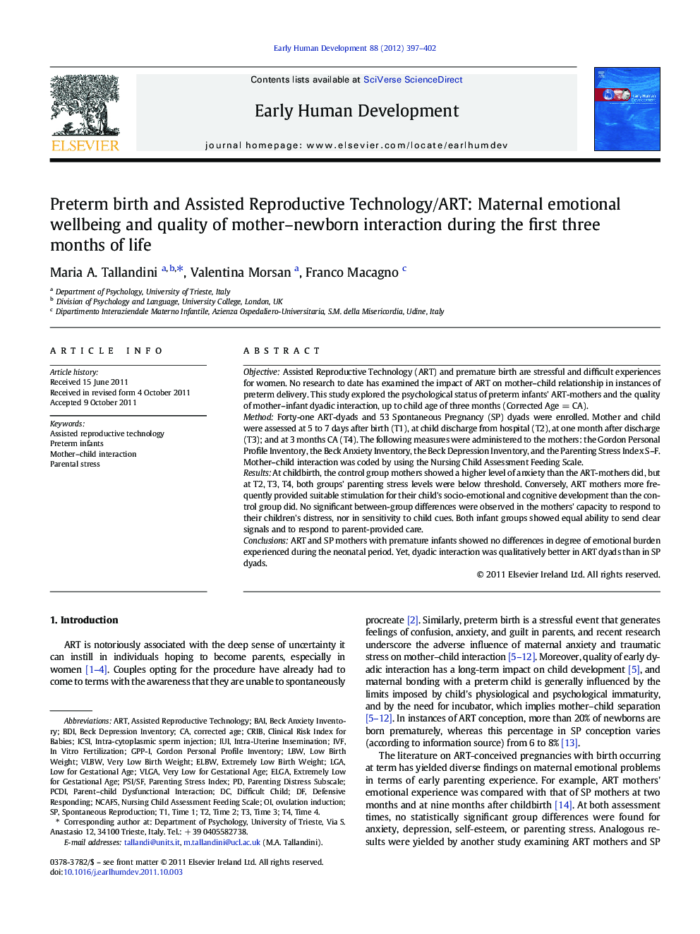 Preterm birth and Assisted Reproductive Technology/ART: Maternal emotional wellbeing and quality of mother-newborn interaction during the first three months of life