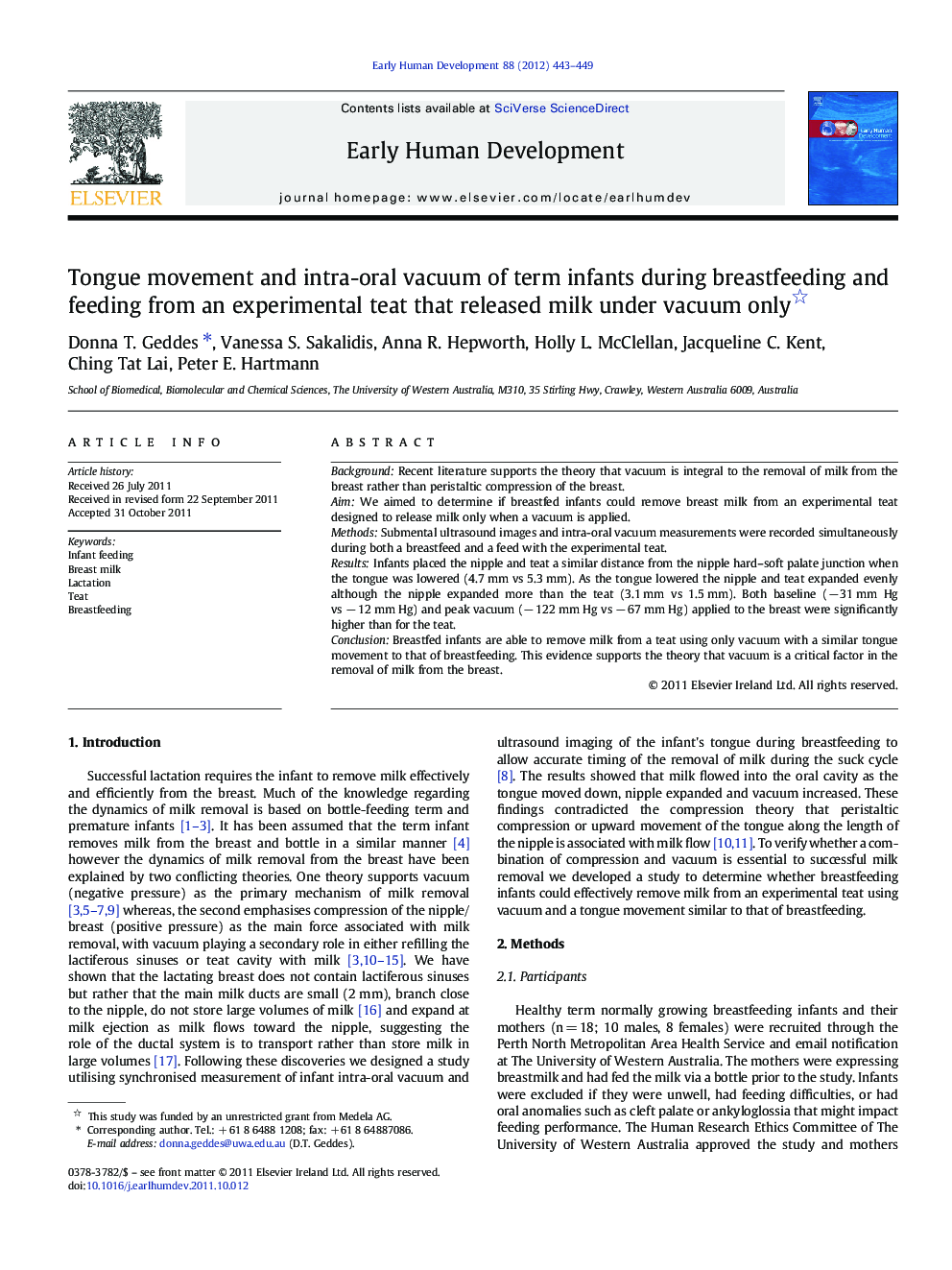 Tongue movement and intra-oral vacuum of term infants during breastfeeding and feeding from an experimental teat that released milk under vacuum only