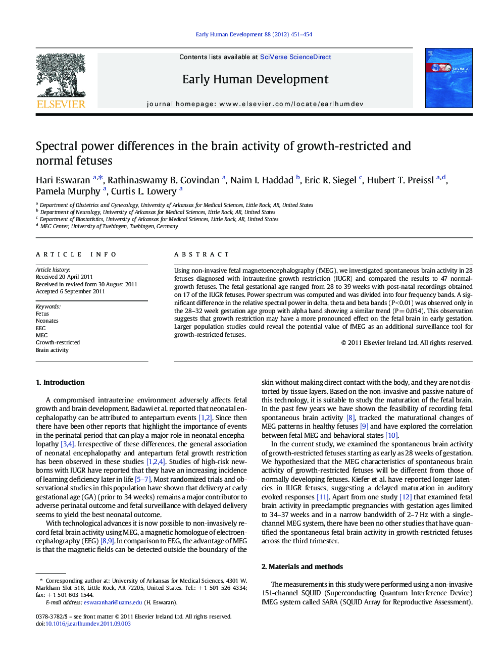 Spectral power differences in the brain activity of growth-restricted and normal fetuses