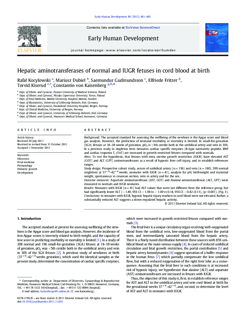 Hepatic aminotransferases of normal and IUGR fetuses in cord blood at birth