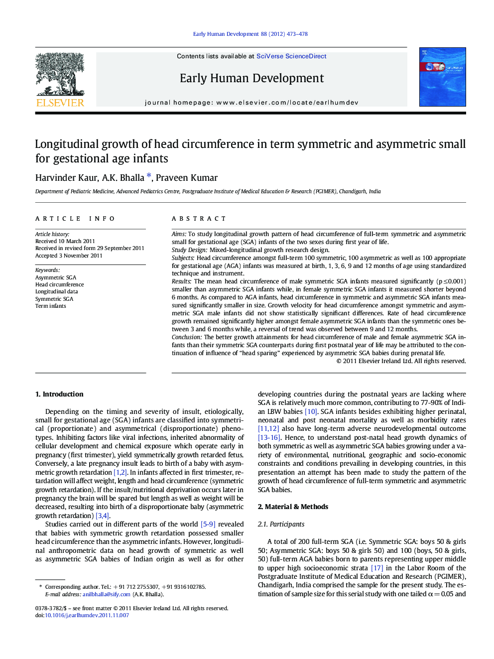 Longitudinal growth of head circumference in term symmetric and asymmetric small for gestational age infants