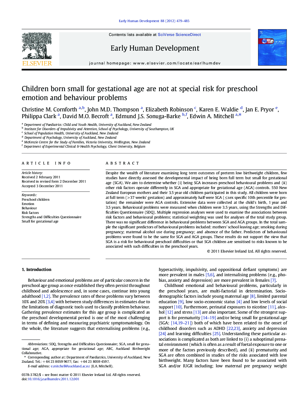 Children born small for gestational age are not at special risk for preschool emotion and behaviour problems