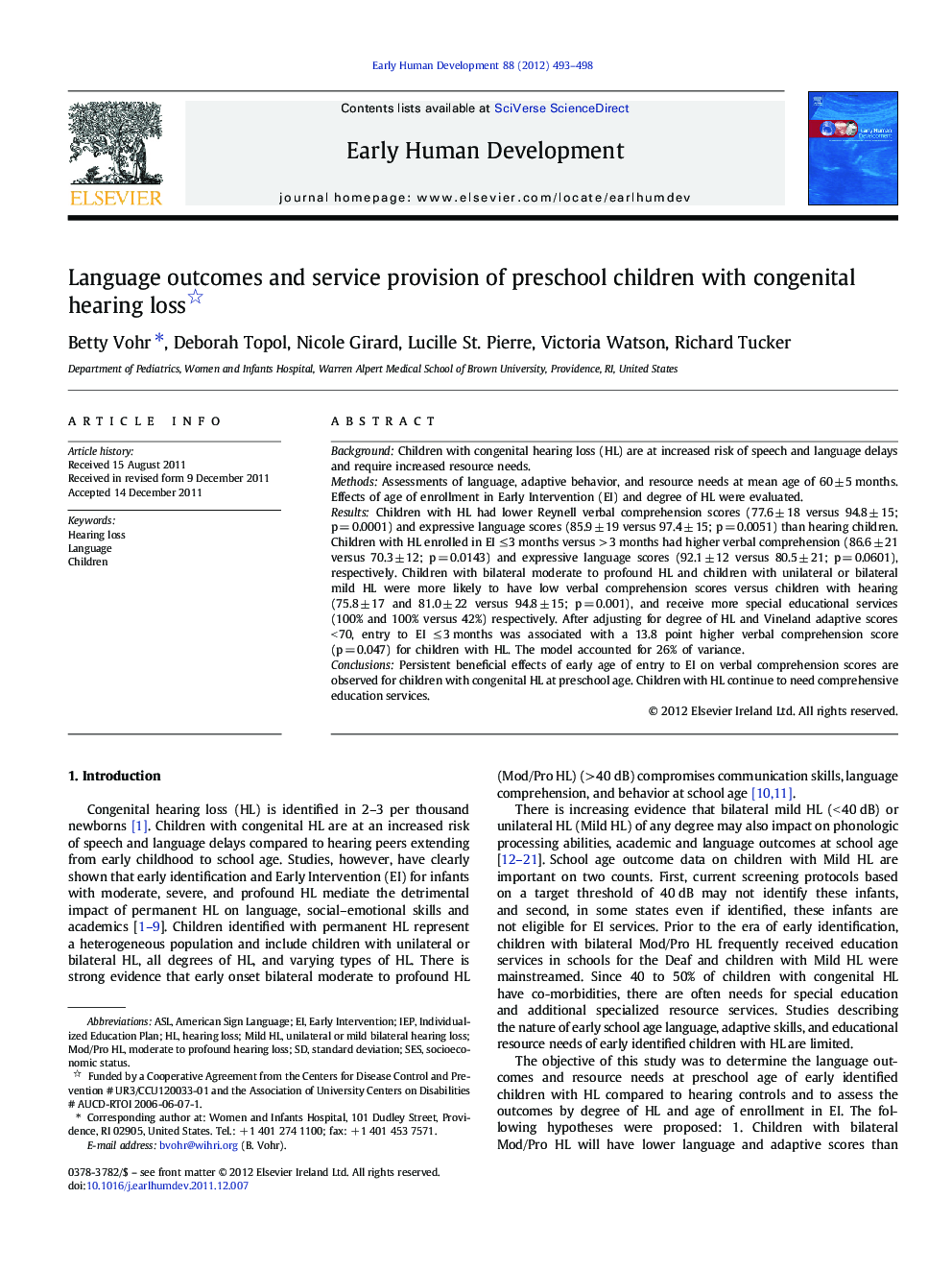 Language outcomes and service provision of preschool children with congenital hearing loss