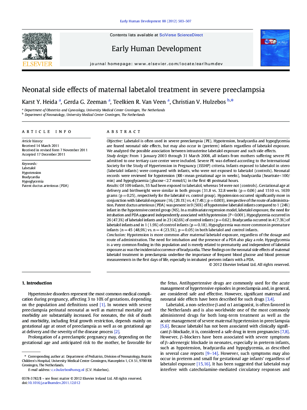 Neonatal side effects of maternal labetalol treatment in severe preeclampsia