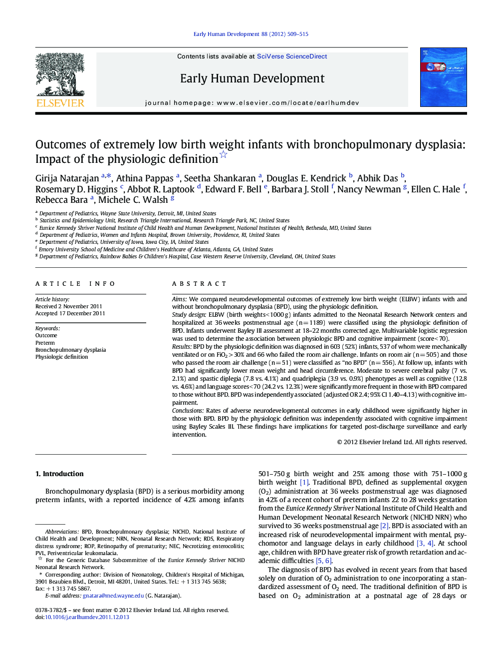 Outcomes of extremely low birth weight infants with bronchopulmonary dysplasia: Impact of the physiologic definition