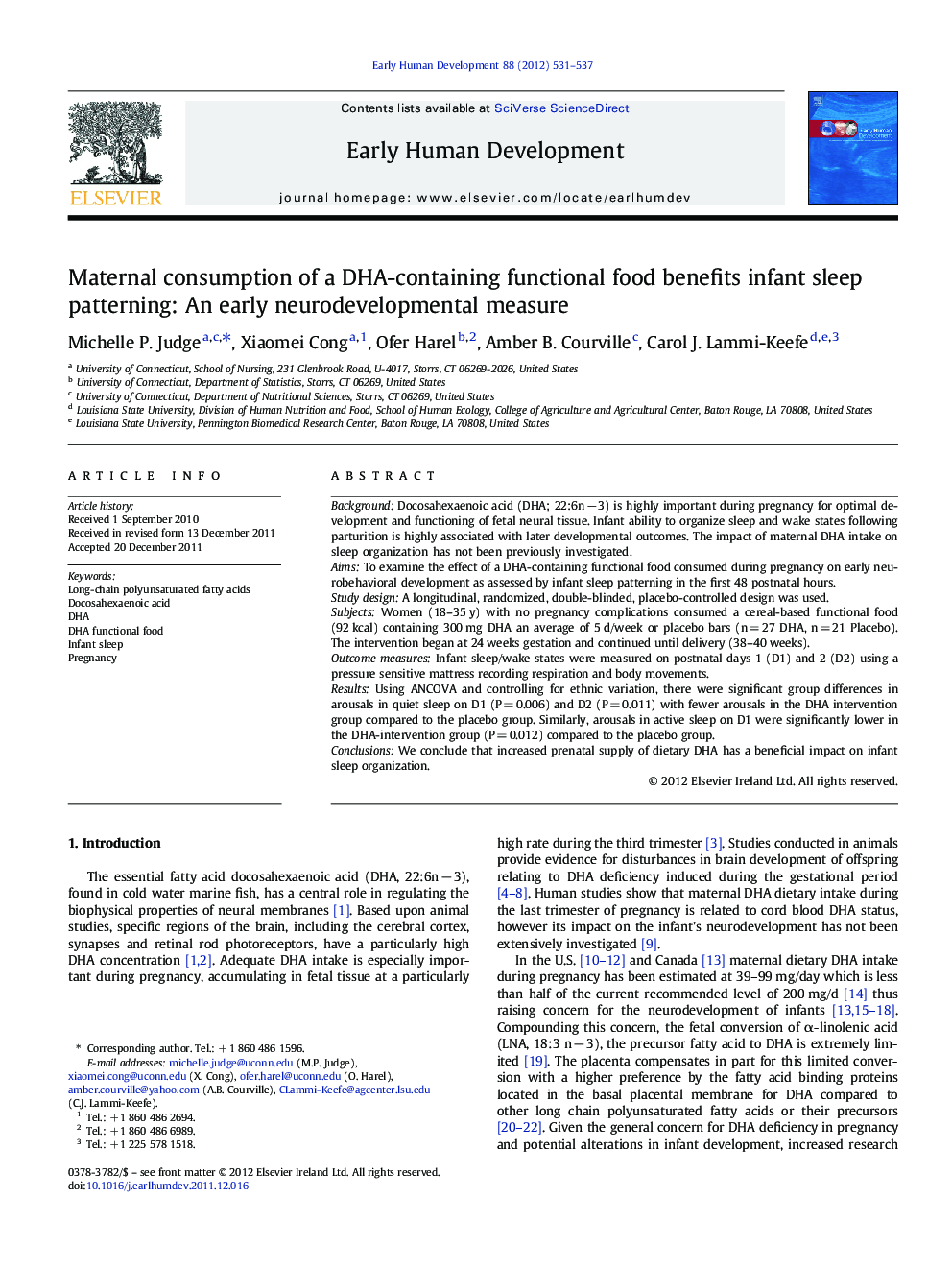 Maternal consumption of a DHA-containing functional food benefits infant sleep patterning: An early neurodevelopmental measure