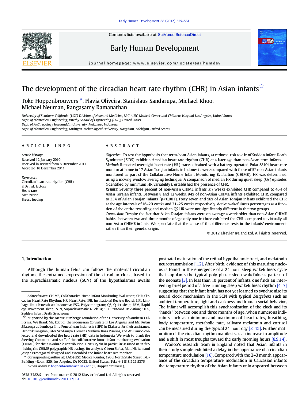 The development of the circadian heart rate rhythm (CHR) in Asian infants