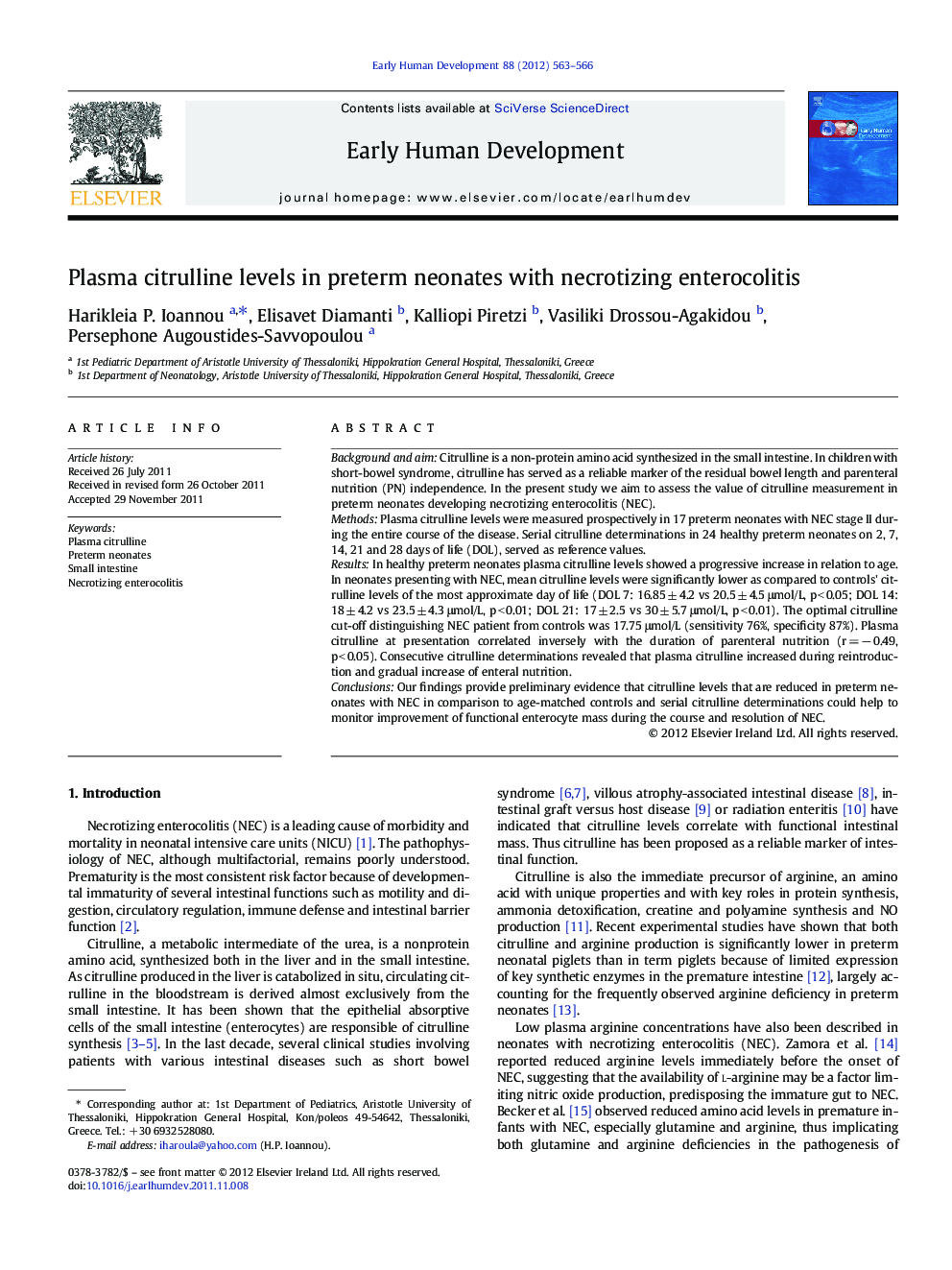 Plasma citrulline levels in preterm neonates with necrotizing enterocolitis