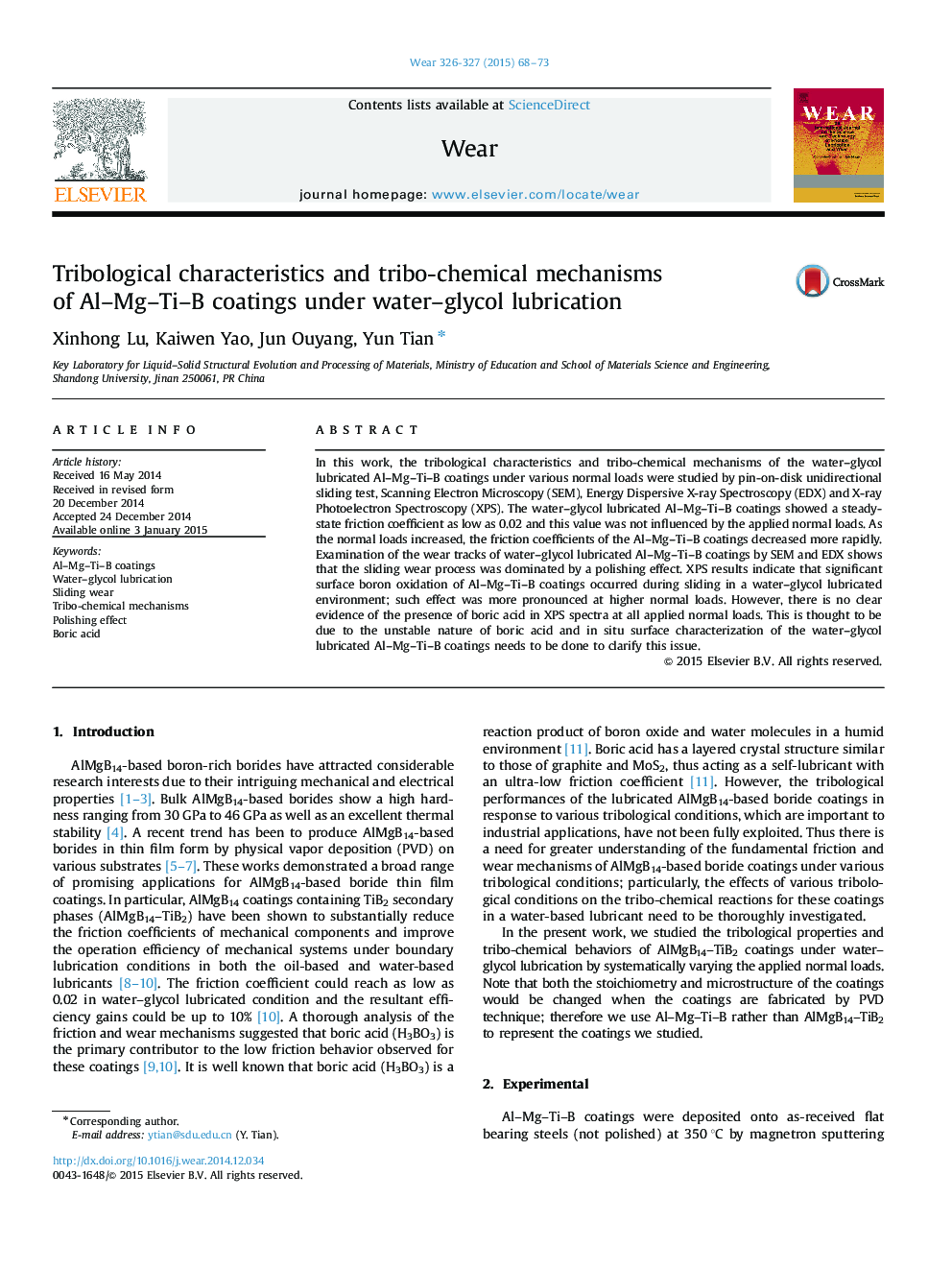 Tribological characteristics and tribo-chemical mechanisms of Al–Mg–Ti–B coatings under water–glycol lubrication