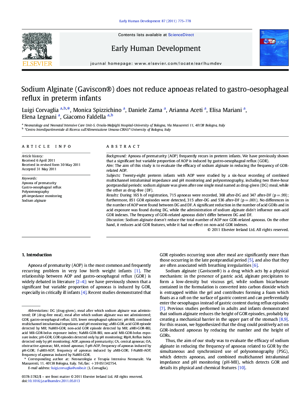 Sodium Alginate (Gaviscon®) does not reduce apnoeas related to gastro-oesophageal reflux in preterm infants