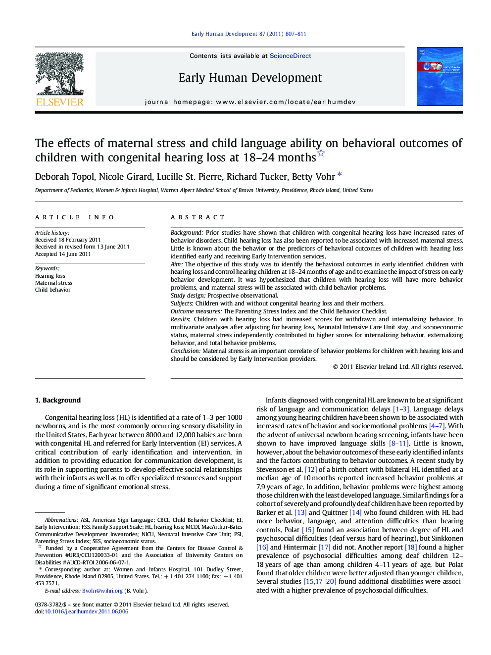 The effects of maternal stress and child language ability on behavioral outcomes of children with congenital hearing loss at 18-24 months