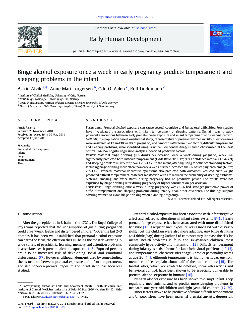 Binge alcohol exposure once a week in early pregnancy predicts temperament and sleeping problems in the infant