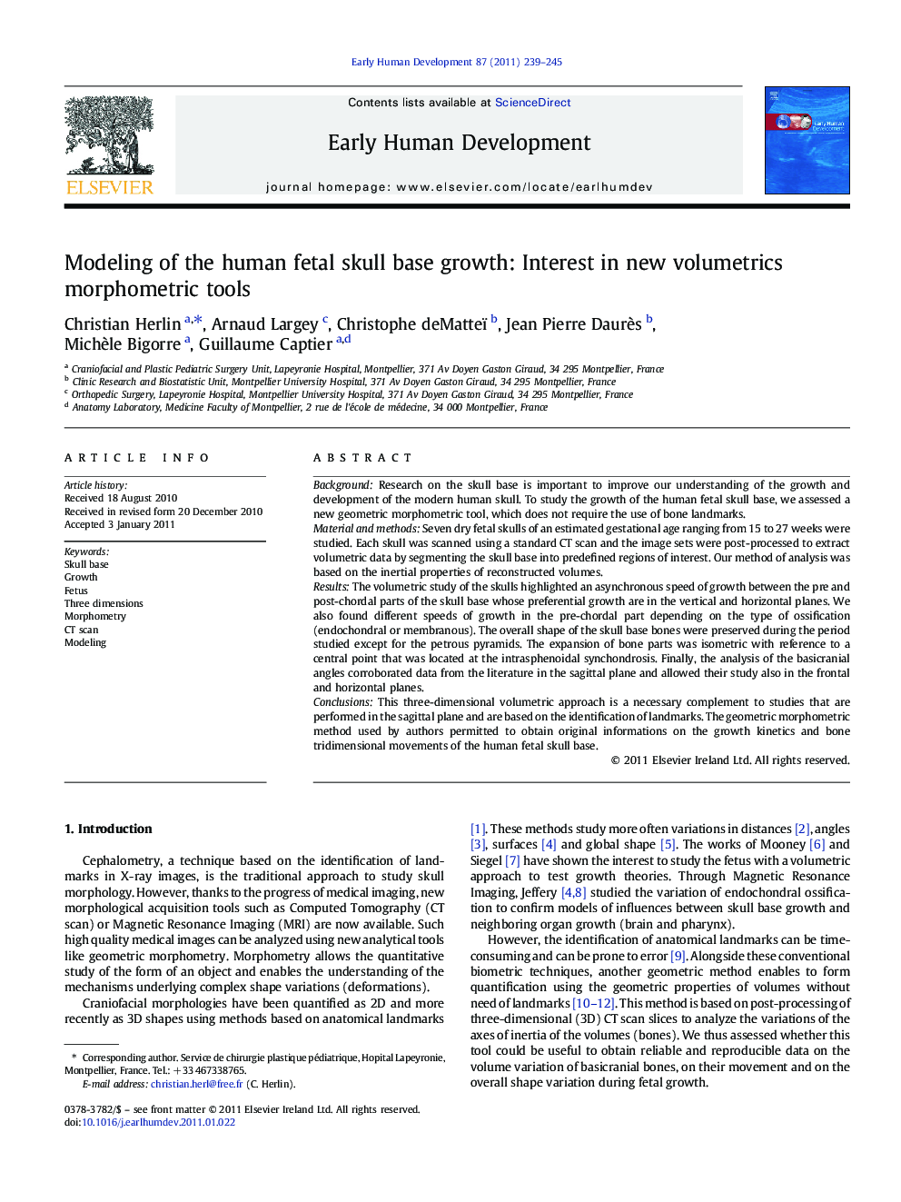 Modeling of the human fetal skull base growth: Interest in new volumetrics morphometric tools