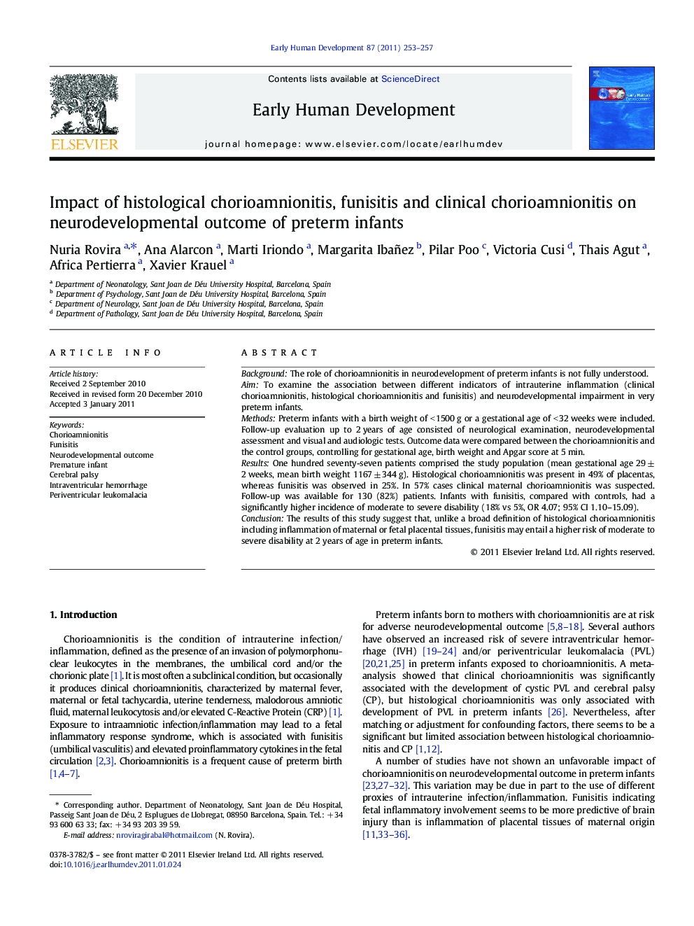 Impact of histological chorioamnionitis, funisitis and clinical chorioamnionitis on neurodevelopmental outcome of preterm infants