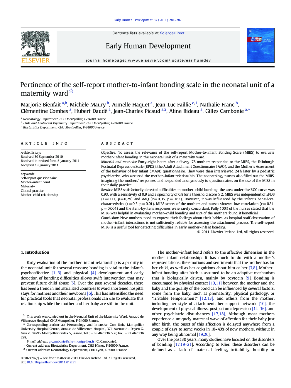 Pertinence of the self-report mother-to-infant bonding scale in the neonatal unit of a maternity ward