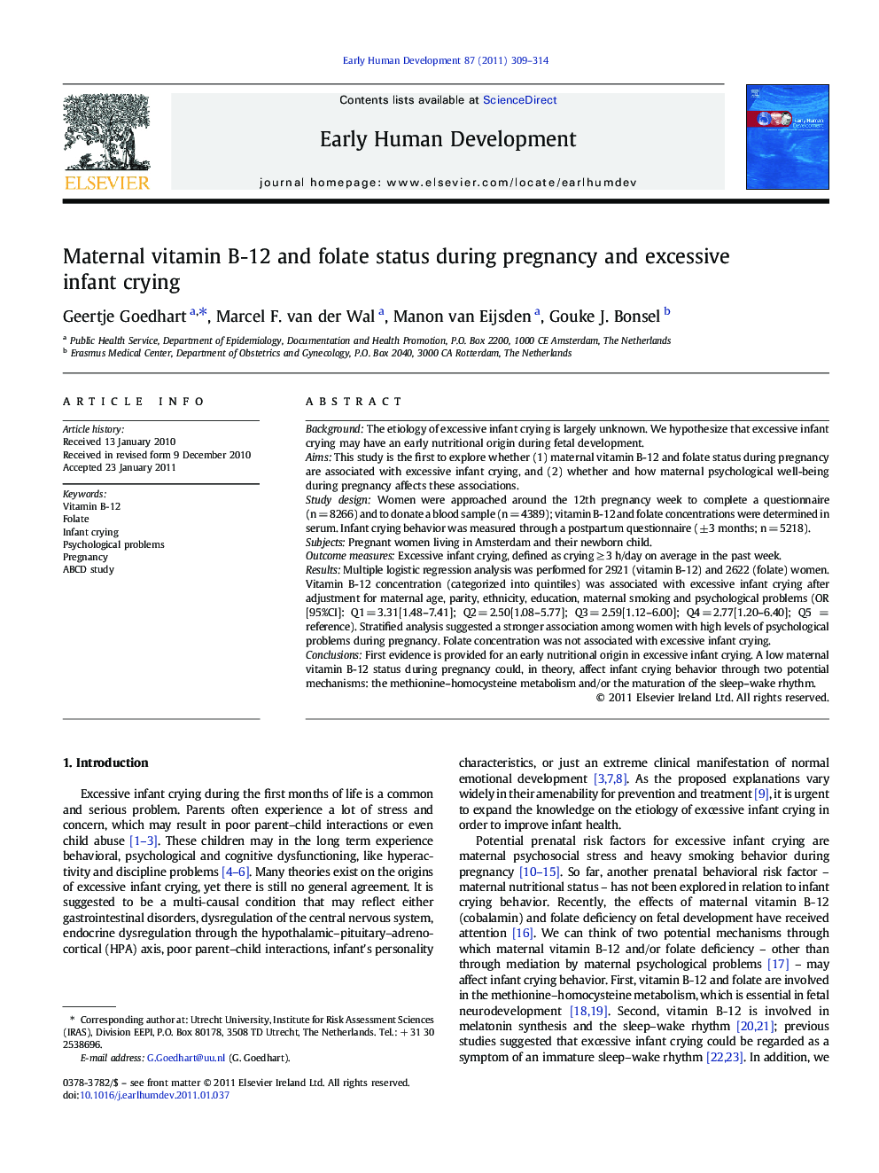 Maternal vitamin B-12 and folate status during pregnancy and excessive infant crying