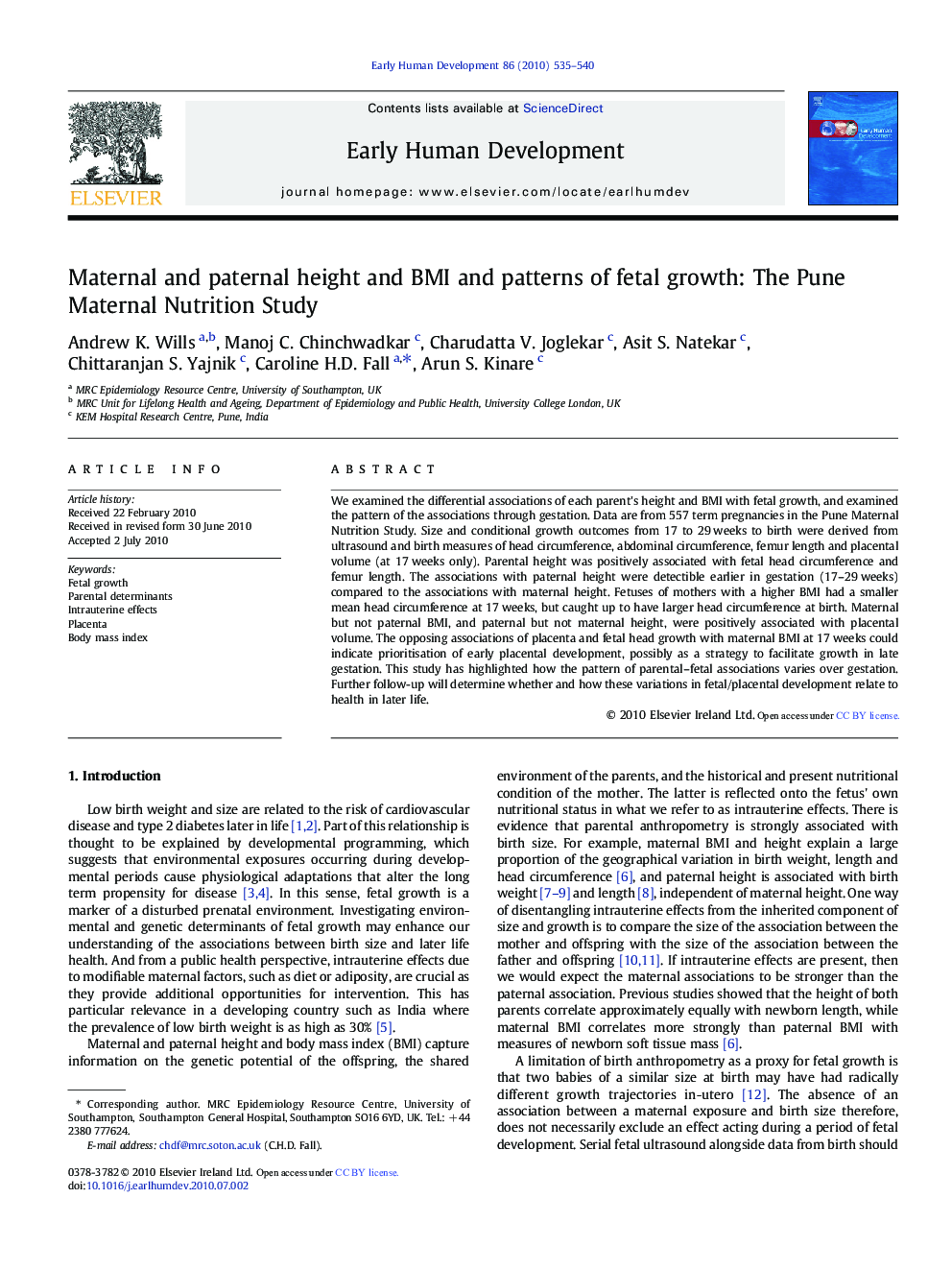 Maternal and paternal height and BMI and patterns of fetal growth: The Pune Maternal Nutrition Study