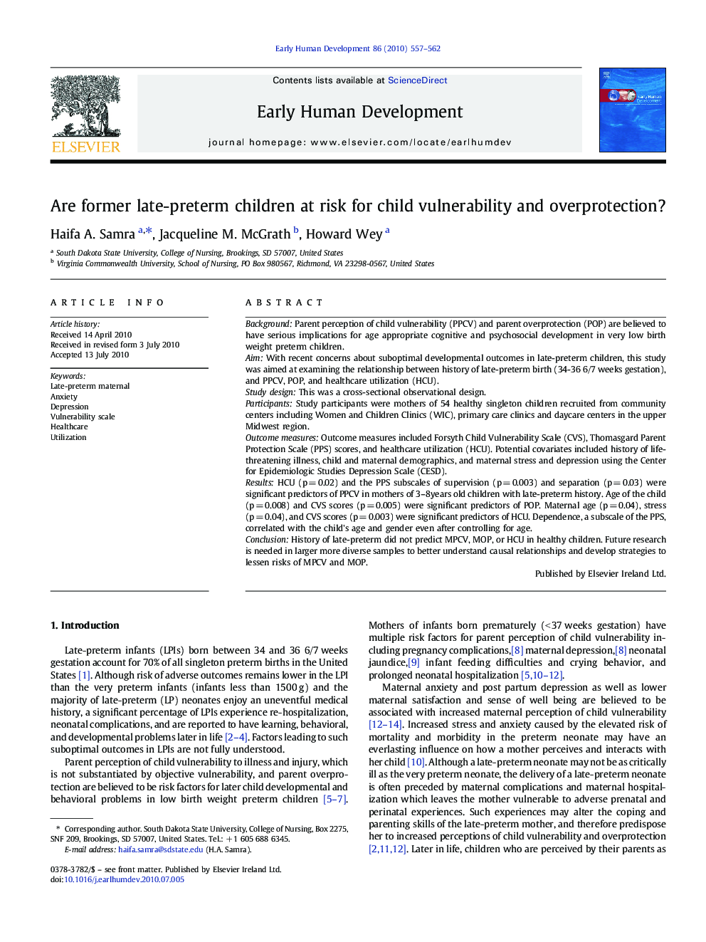 Are former late-preterm children at risk for child vulnerability and overprotection?