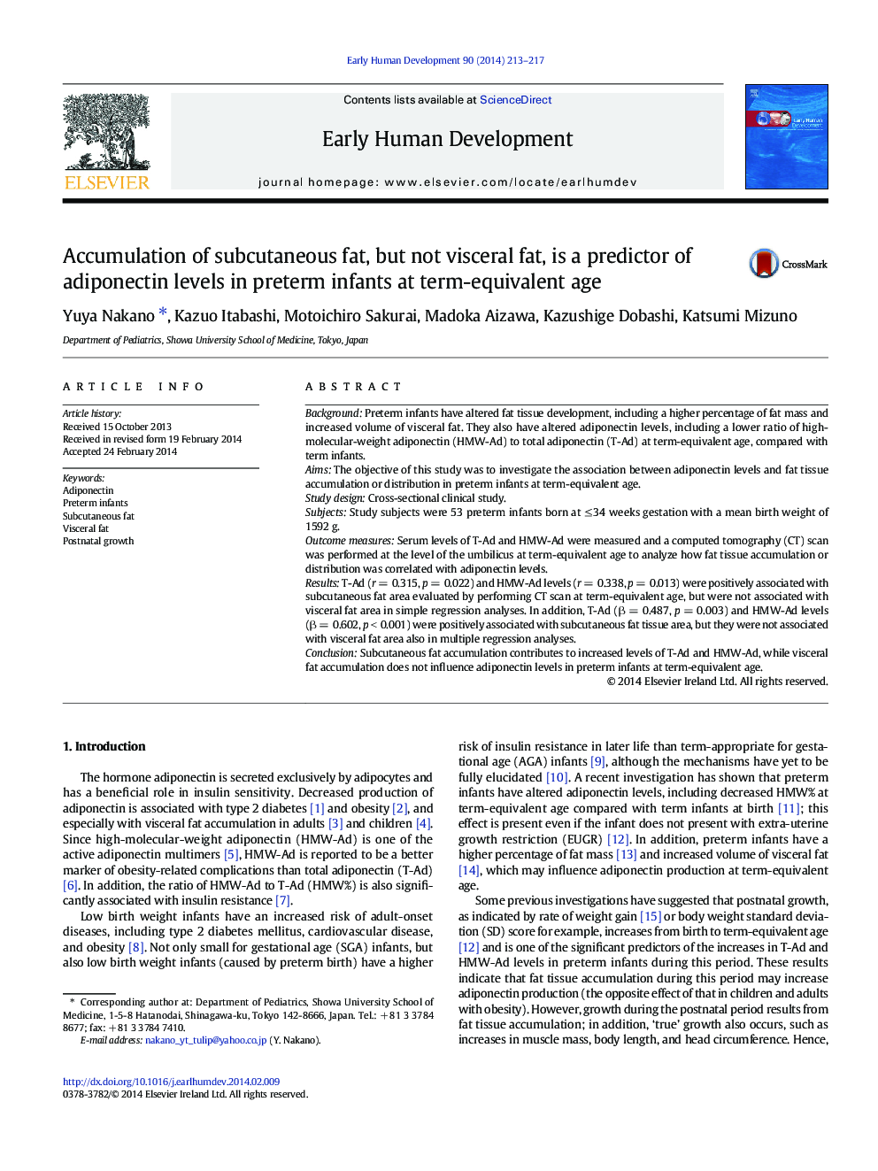 Accumulation of subcutaneous fat, but not visceral fat, is a predictor of adiponectin levels in preterm infants at term-equivalent age