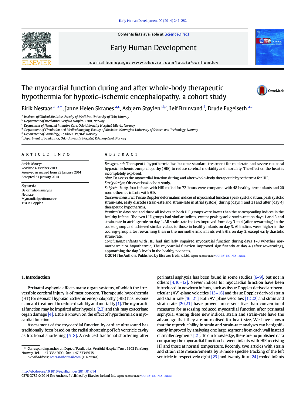 The myocardial function during and after whole-body therapeutic hypothermia for hypoxic-ischemic encephalopathy, a cohort study