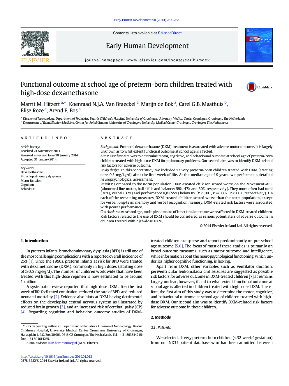 Functional outcome at school age of preterm-born children treated with high-dose dexamethasone