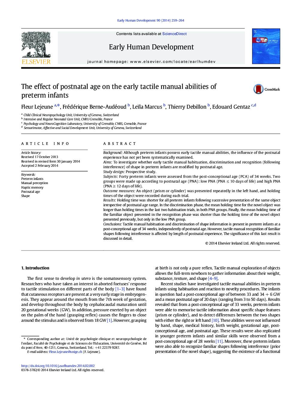 The effect of postnatal age on the early tactile manual abilities of preterm infants