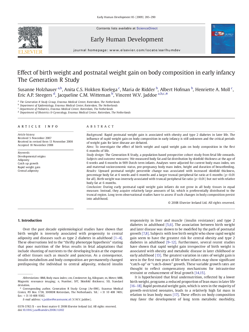 Effect of birth weight and postnatal weight gain on body composition in early infancy