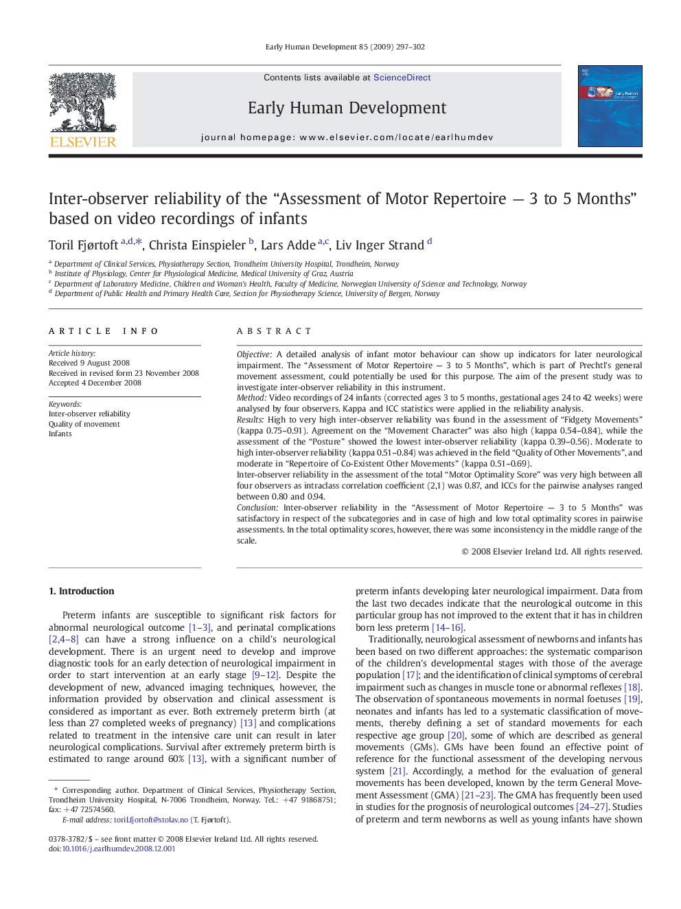 Inter-observer reliability of the “Assessment of Motor Repertoire - 3 to 5Â Months” based on video recordings of infants