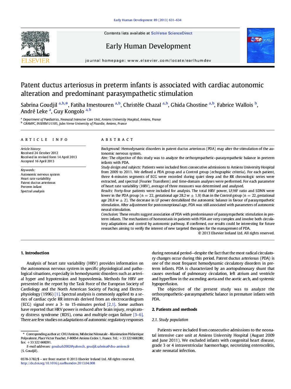 Patent ductus arteriosus in preterm infants is associated with cardiac autonomic alteration and predominant parasympathetic stimulation