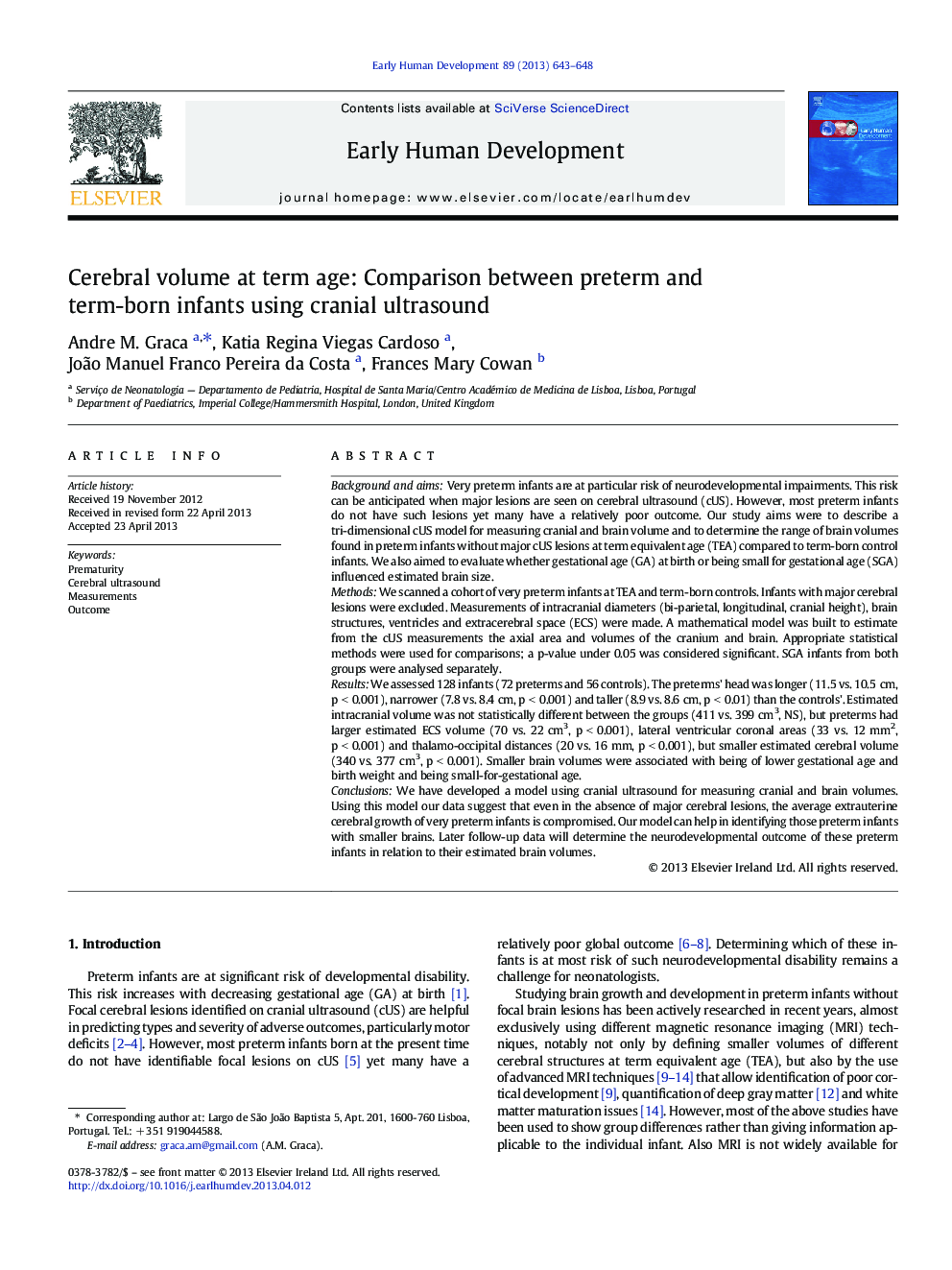 Cerebral volume at term age: Comparison between preterm and term-born infants using cranial ultrasound