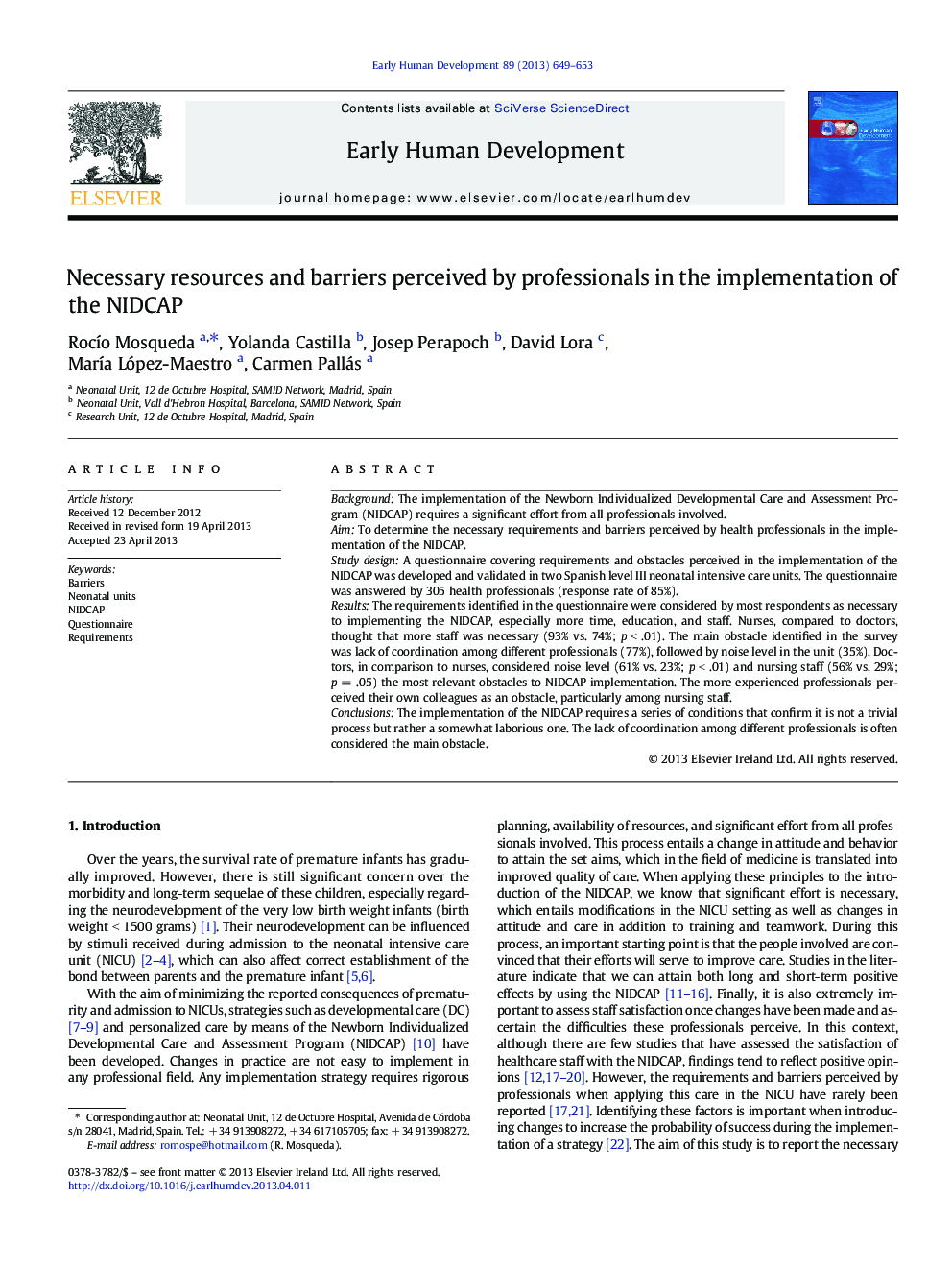 Necessary resources and barriers perceived by professionals in the implementation of the NIDCAP