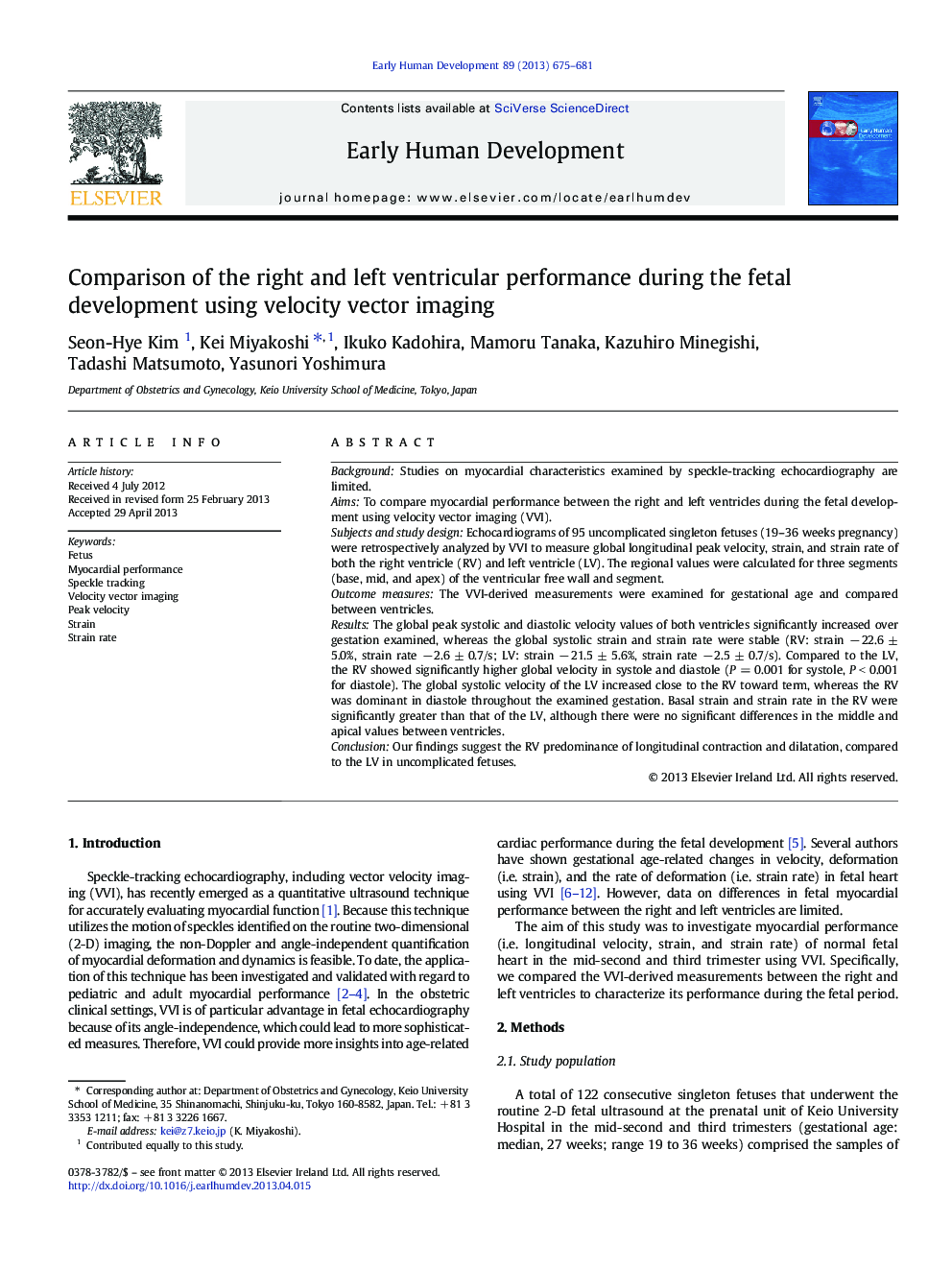 Comparison of the right and left ventricular performance during the fetal development using velocity vector imaging