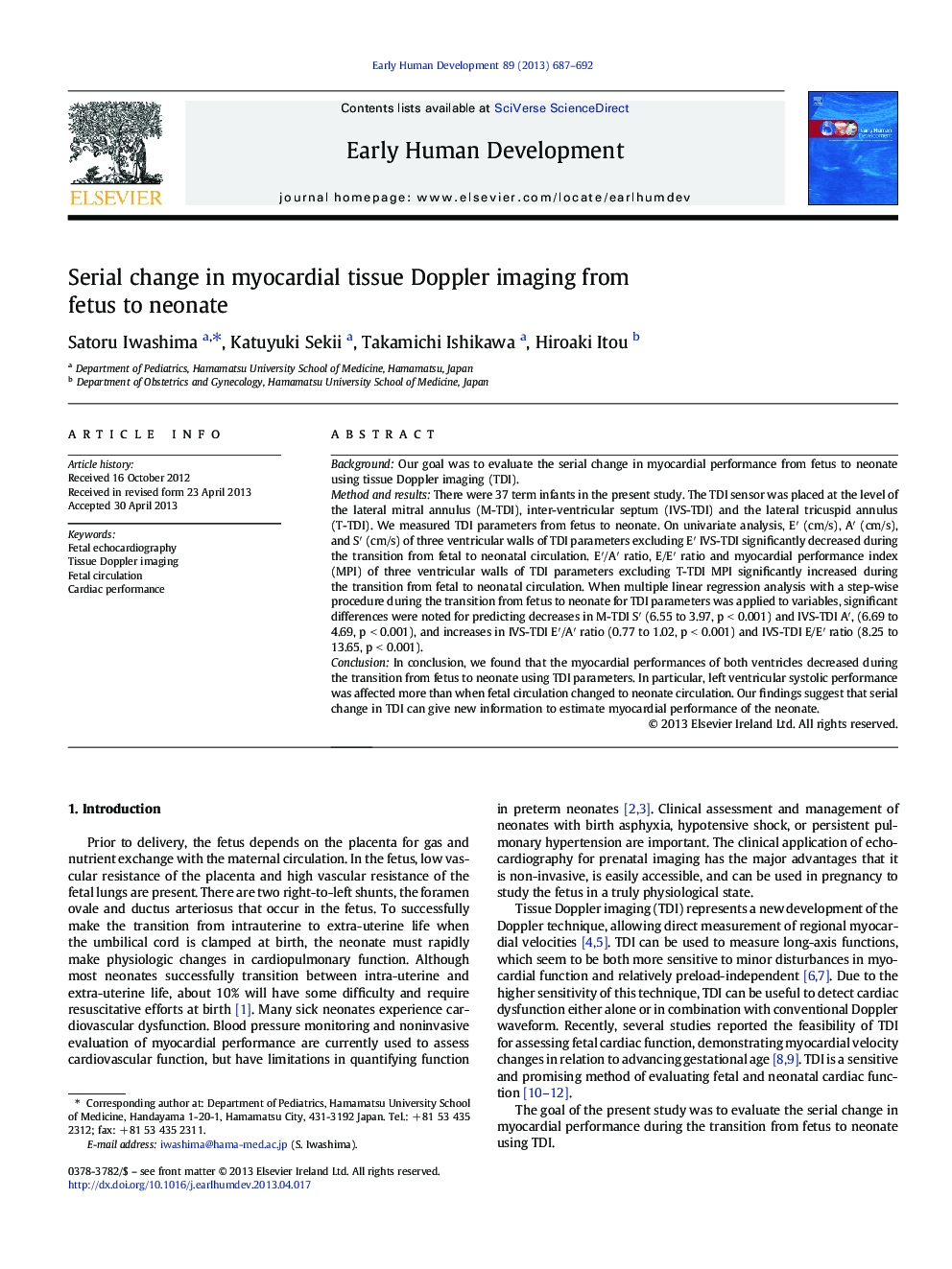 Serial change in myocardial tissue Doppler imaging from fetus to neonate