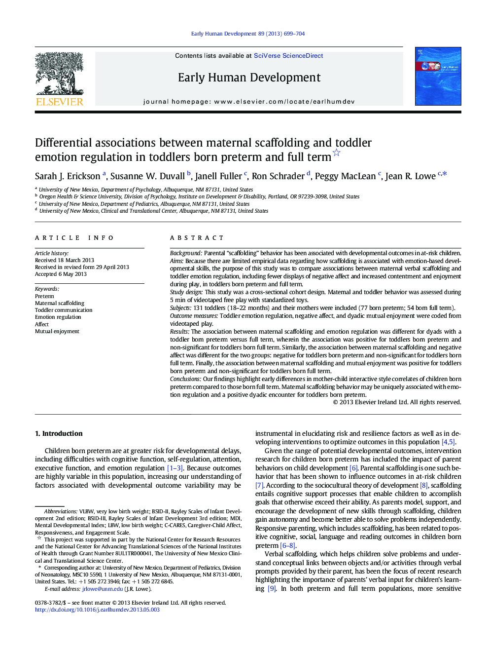 Differential associations between maternal scaffolding and toddler emotion regulation in toddlers born preterm and full term