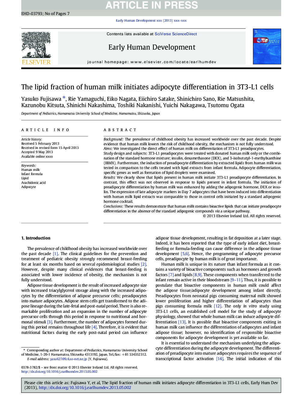 The lipid fraction of human milk initiates adipocyte differentiation in 3T3-L1 cells