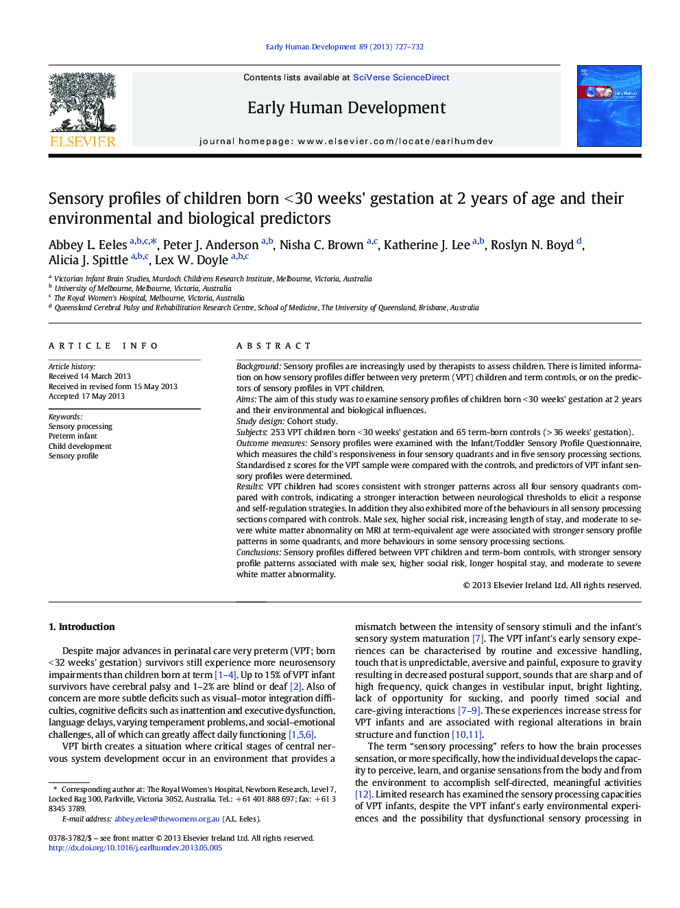 Sensory profiles of children born < 30 weeks' gestation at 2 years of age and their environmental and biological predictors