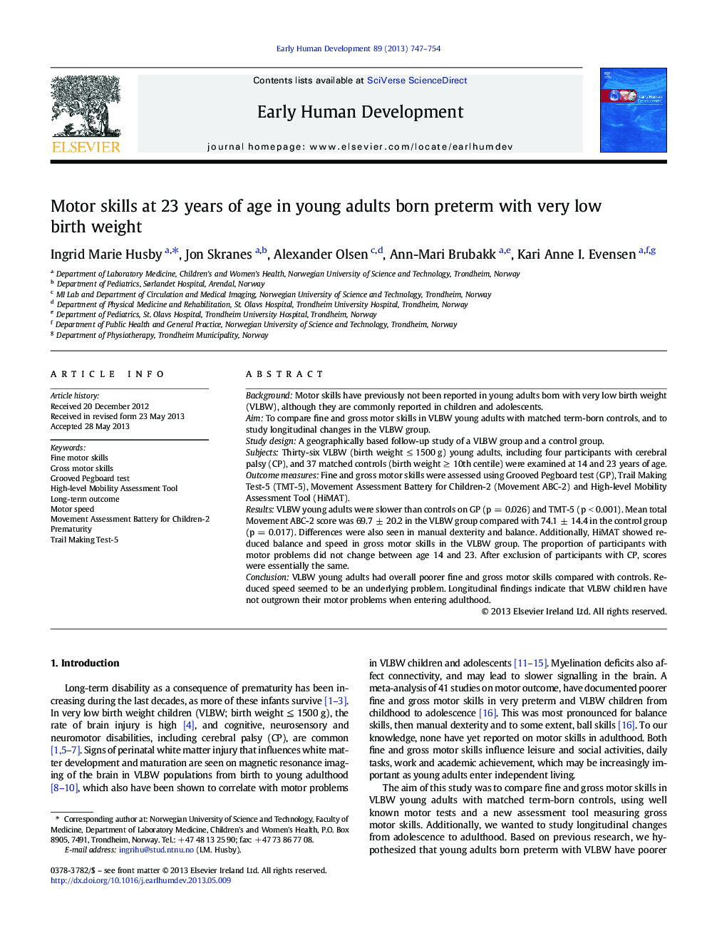 Motor skills at 23 years of age in young adults born preterm with very low birth weight