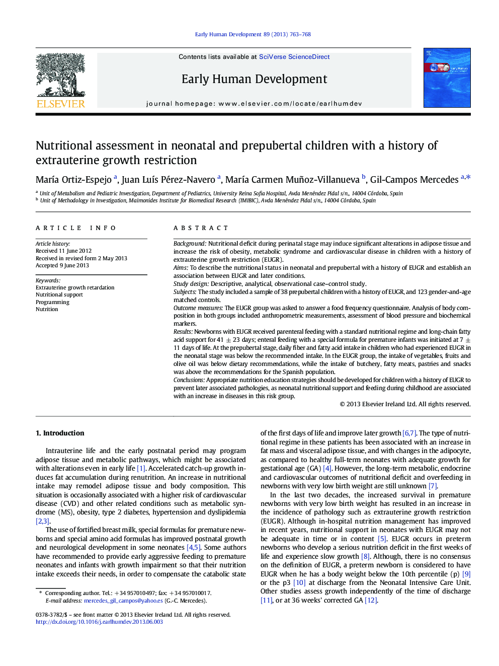 Nutritional assessment in neonatal and prepubertal children with a history of extrauterine growth restriction