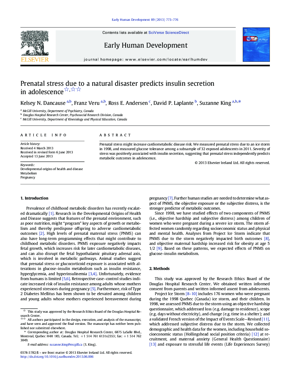 Prenatal stress due to a natural disaster predicts insulin secretion in adolescence