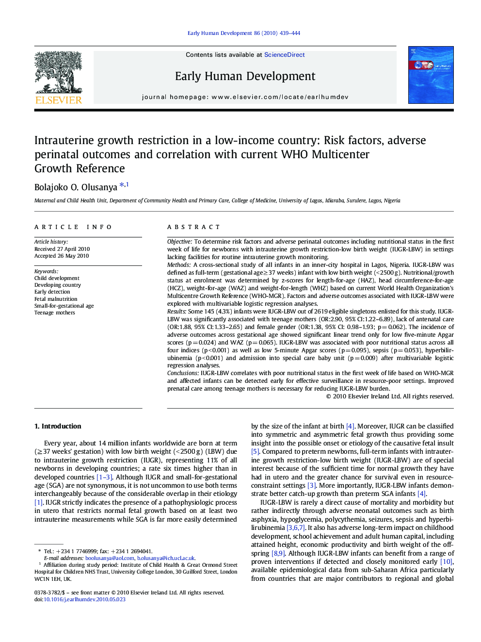 Intrauterine growth restriction in a low-income country: Risk factors, adverse perinatal outcomes and correlation with current WHO Multicenter Growth Reference