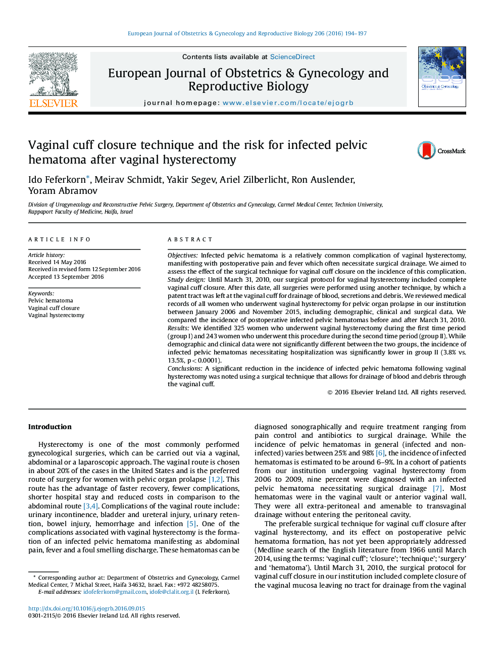 Vaginal cuff closure technique and the risk for infected pelvic hematoma after vaginal hysterectomy