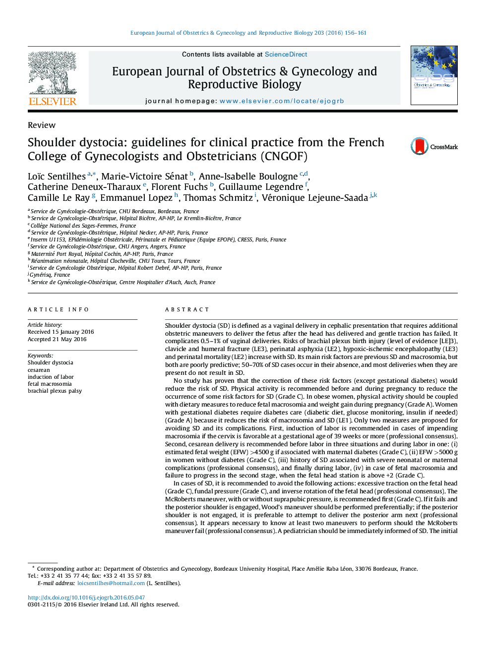 Shoulder dystocia: guidelines for clinical practice from the French College of Gynecologists and Obstetricians (CNGOF)