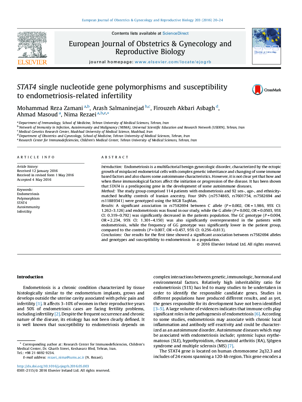 STAT4 single nucleotide gene polymorphisms and susceptibility to endometriosis-related infertility