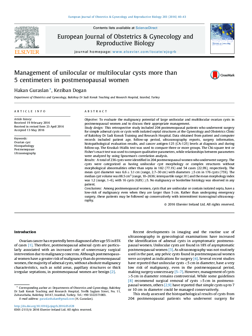 Management of unilocular or multilocular cysts more than 5 centimeters in postmenopausal women