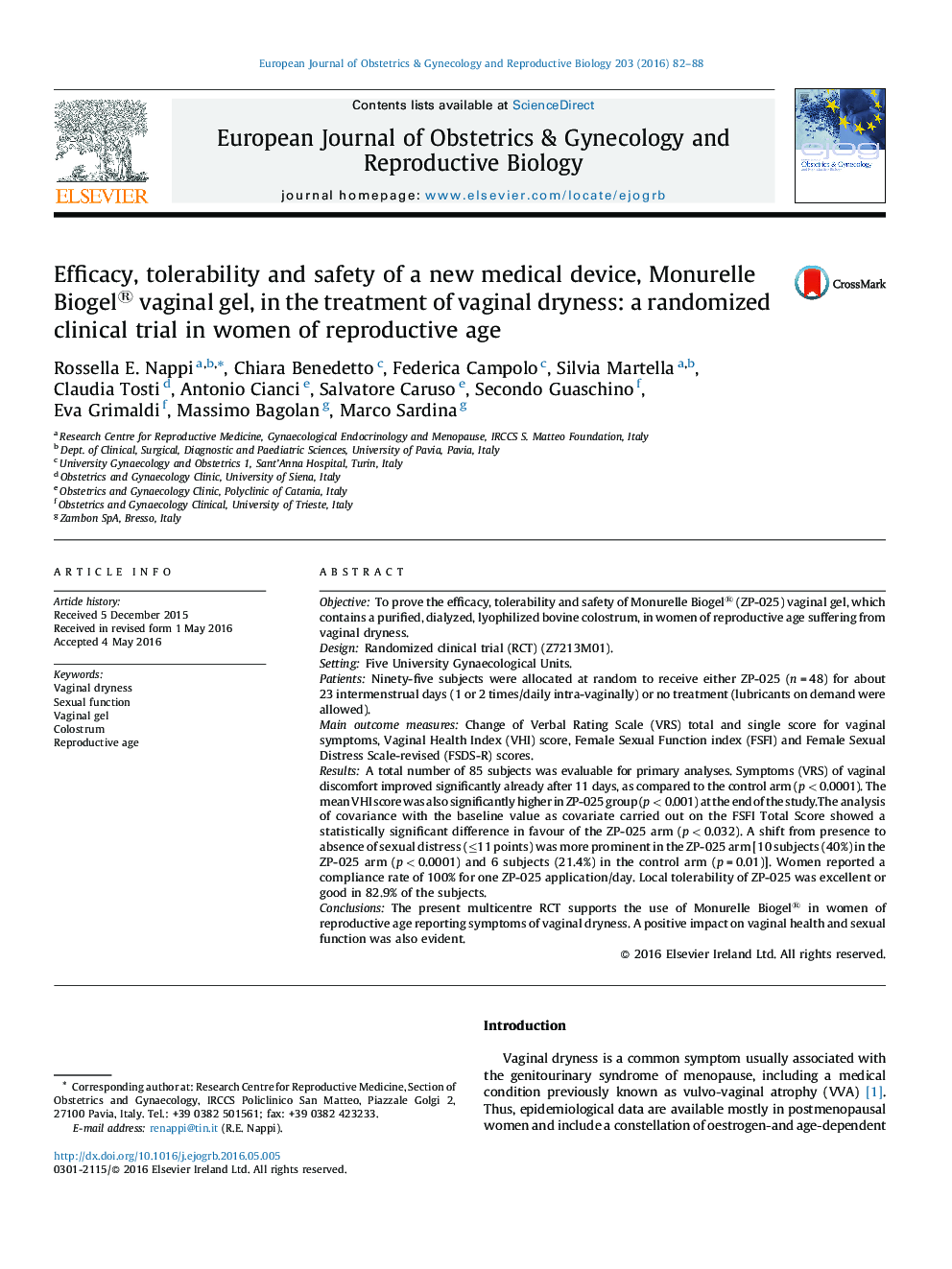 Efficacy, tolerability and safety of a new medical device, Monurelle Biogel® vaginal gel, in the treatment of vaginal dryness: a randomized clinical trial in women of reproductive age