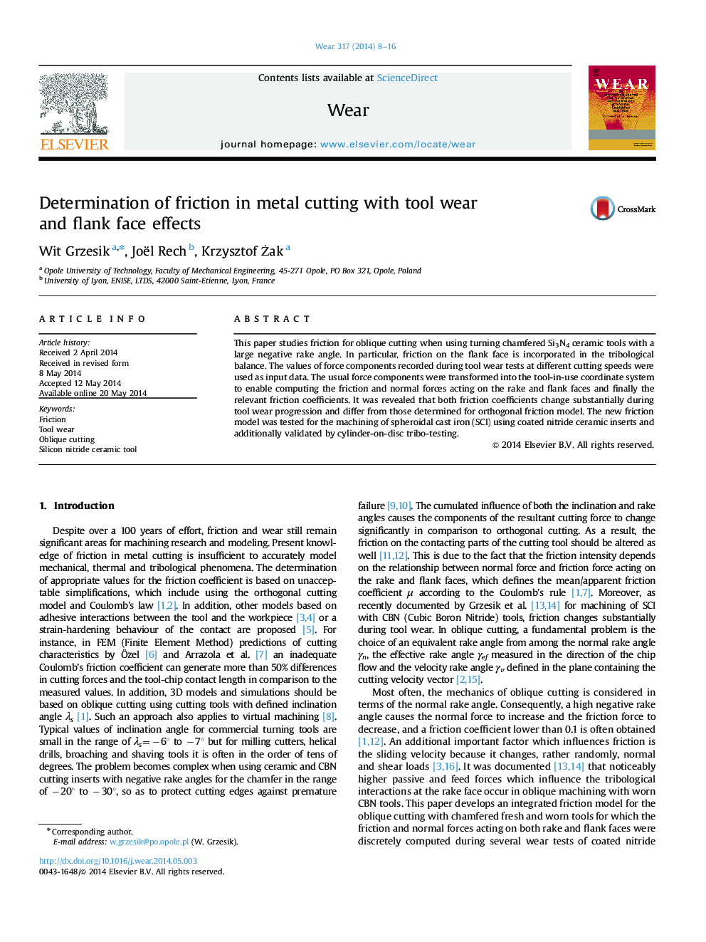 Determination of friction in metal cutting with tool wear and flank face effects