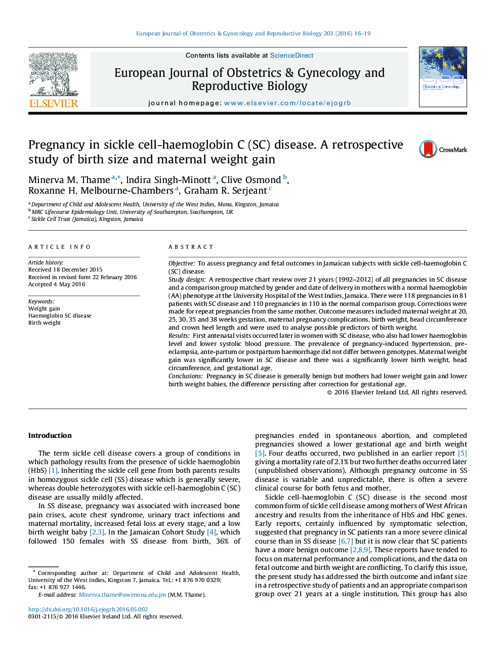 Pregnancy in sickle cell-haemoglobin C (SC) disease. A retrospective study of birth size and maternal weight gain