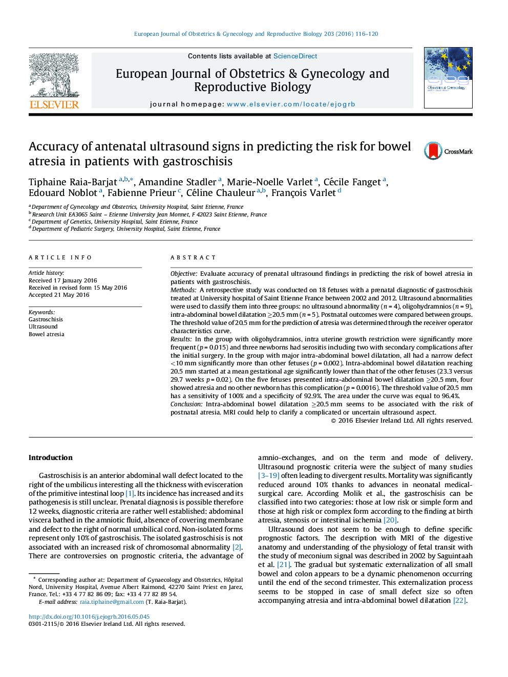 Accuracy of antenatal ultrasound signs in predicting the risk for bowel atresia in patients with gastroschisis