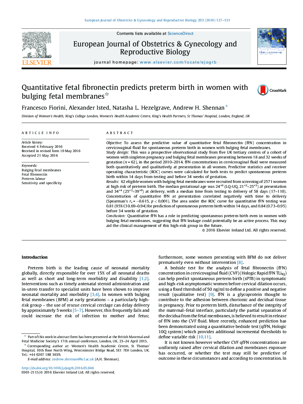 Quantitative fetal fibronectin predicts preterm birth in women with bulging fetal membranes